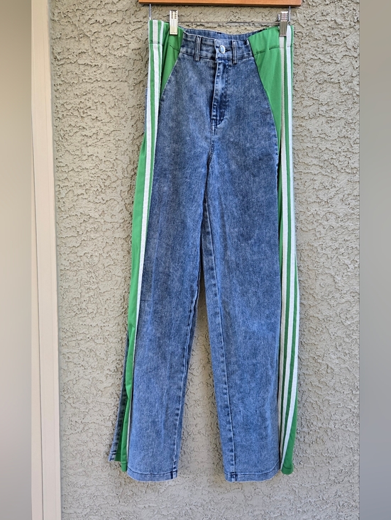 hots7 Denim - Hots7 Boutique High-Waist Two-Tone Green & Blue Women's Jeans Track Pants Hybrid